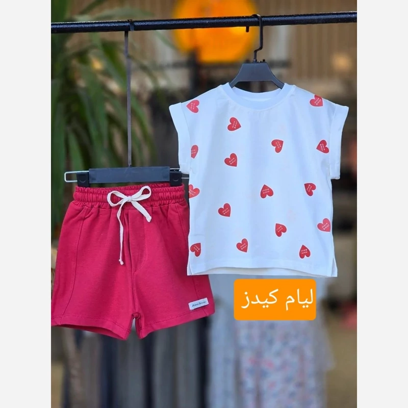 تیشرت شلوارک دخترانه قلبی آستین حلقه ای وارداتی اورجینال